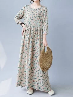 Women's Casual Dress Linen Dress Swing Dress Maxi Long Dress Linen Fashion Modern Outdoor Daily Holiday Crew Neck Print Long Sleeve Fall Winter Autumn 2023 Loose Fit Apricot Flower L XL 2XL -HAYz Clothing Shop ysicgj1693553154289
