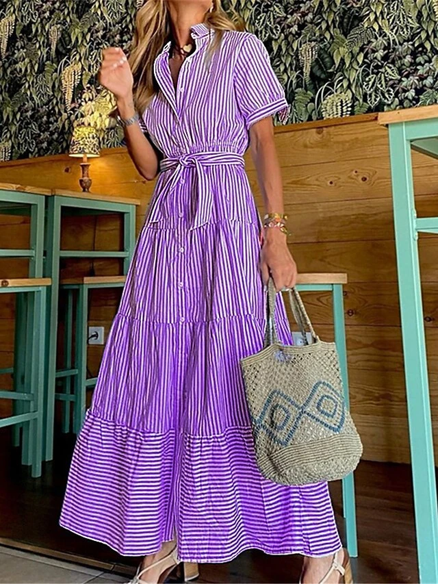 Women's Shirt Dress Casual Dress Swing Dress Maxi Long Dress Outdoor Daily Vacation Polyester Fashion Modern Shirt Collar Ruffle Button Short Sleeve Summer Spring 2023 Regular Fit Blue Purple Green 2 Women's Shirt Dress Casual Dress Swing Dress Maxi Long Dress Outdoor Daily Vacation Polyester Fashion Modern Shirt Collar Ruffle Button Short Sleeve Summer Spring 2023 Regular Fit Blue Purple Green - Image 2