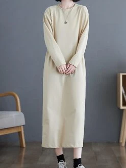 Women's Casual Dress Cotton Linen Dress T Shirt Dress Tee Dress Midi Dress Polyester Basic Classic Outdoor Daily Vacation Crew Neck Pocket 3/4 Length Sleeve Fall Autumn 2023 Loose Fit ArmyGreen Black -HAYz Clothing Shop yspgyr1693366305838