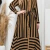 Women's Plus Size Shirt Dress Casual Dress Swing Dress Midi Dress Outdoor Daily Date Polyester Fashion Modern Shirt Collar Lace Up Button Long Sleeve Fall Winter 2023 Loose Fit Brown Striped L XL 2XL