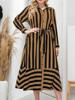Women's Plus Size Shirt Dress Casual Dress Swing Dress Midi Dress Outdoor Daily Date Polyester Fashion Modern Shirt Collar Lace Up Button Long Sleeve Fall Winter 2023 Loose Fit Brown Striped L XL 2XL