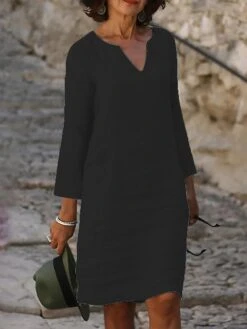 Women's Casual Dress Cotton Linen Dress Shift Dress Midi Dress Cotton Blend Modern Style Modern Outdoor Daily Date Split Neck Button Rolled Cuff 3/4 Length Sleeve Summer Spring Fall 2023 Regular Fit -HAYz Clothing Shop ysxjna1689067168716