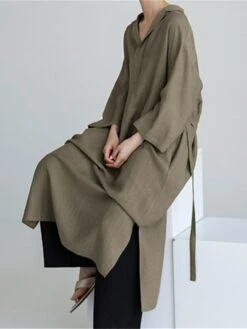 Women's Casual Dress Cotton Linen Dress Shift Dress Midi Dress Linen / Cotton Blend Fashion Basic Outdoor Daily Vacation Shirt Collar Lace Up Pocket Long Sleeve Fall Winter Autumn 2023 Loose Fit -HAYz Clothing Shop ysygvb1693475205145