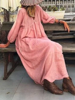 Women's Cotton Linen Dress Casual Dress Swing Dress Maxi Long Dress Cotton Blend Basic Casual Outdoor Daily V Neck Ruched Long Sleeve Summer Spring Fall 2023 Regular Fit Pink Sky Blue Gray Pure Color -HAYz Clothing Shop ytflmq1678327485262
