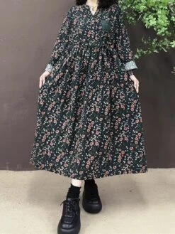 Women's Casual Dress Cotton Linen Dress Swing Dress Maxi Long Dress Linen Cotton Blend Daily Casual Outdoor Daily Vacation Split Neck Button Print Long Sleeve Spring Fall Winter 2023 Loose Fit Wine -HAYz Clothing Shop ytjzia1695284231312