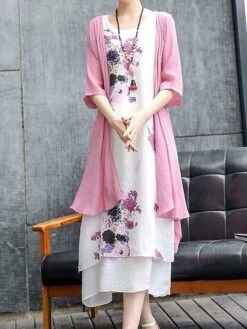 Women's Two Piece Dress Set Casual Dress Print Dress Daily Holiday Fashion Classic Fake Two Piece Print Midi Dress Crew Neck 3/4 Length Sleeve Floral Loose Fit White Pink Red Fall Winter One-Size -HAYz Clothing Shop ytmxac1694068746628