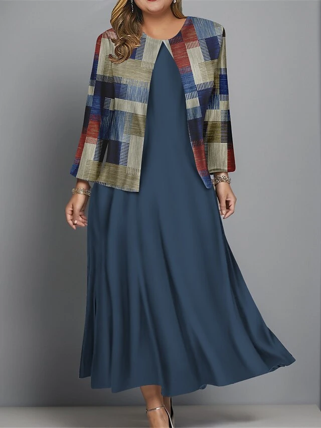 Women's Plus Size Two Piece Dress Set Casual Dress Swing Dress Outdoor Office Fashion Streetwear Print Midi Dress Crew Neck Long Sleeve Plaid Regular Fit Black Blue Brown Fall Winter L XL XXL 3XL 4XL 5 Women's Plus Size Two Piece Dress Set Casual Dress Swing Dress Outdoor Office Fashion Streetwear Print Midi Dress Crew Neck Long Sleeve Plaid Regular Fit Black Blue Brown Fall Winter L XL XXL 3XL 4XL - Image 5