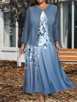 Women's Plus Size Two Piece Dress Set Casual Dress Swing Dress Outdoor Office Fashion Streetwear Print Midi Dress Crew Neck Long Sleeve Floral Ombre Regular Fit Blue Purple Green Fall Winter L XL XXL -HAYz Clothing Shop ytvakb1697784943875