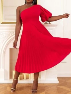 Women's Plus Size Curve Party Dress Cocktail Dress Swing Dress Plain Midi Dress Half Sleeve Pleated One Shoulder Fashion Party Red Fall Winter XL XXL 3XL 4XL -HAYz Clothing Shop ytyxhi1694425972630