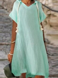 Women's Casual Dress Cotton Dress A Line Dress Midi Dress Cotton Blend Fashion Basic Outdoor Daily Vacation V Neck Basic Short Sleeve Summer Spring 2023 Regular Fit Green Pure Color S M L XL 2XL