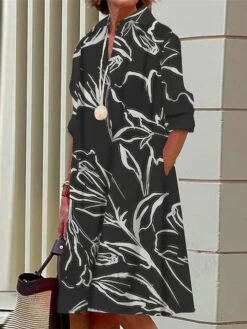 Women's Shirt Dress Casual Dress Midi Dress Outdoor Office Daily Polyester Fashion Modern Shirt Collar Button Pocket Long Sleeve Fall Winter 2023 Loose Fit Black Blue Brown Floral S M L XL 2XL