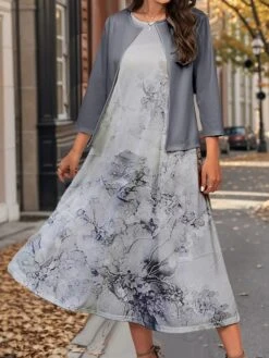 Women's Two Piece Dress Set Casual Dress Swing Dress Outdoor Office Fashion Streetwear Print Midi Dress Crew Neck 3/4 Length Sleeve Floral Ombre Regular Fit Pink Blue Purple Fall Winter S M L XL XXL -HAYz Clothing Shop yununx1697782930338