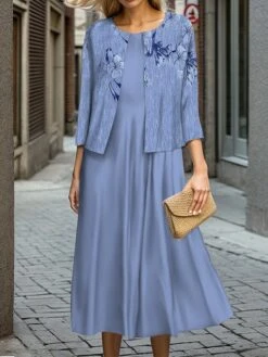 Women's Two Piece Dress Set Casual Dress Swing Dress Outdoor Office Fashion Streetwear Print Midi Dress Crew Neck 3/4 Length Sleeve Floral Regular Fit Blue Purple Green Fall Winter S M L XL XXL -HAYz Clothing Shop yunzko1697524427282