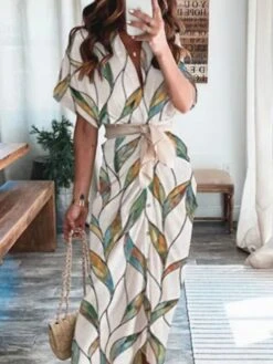 Women's Shirt Dress Sheath Dress Midi Dress Daily Vacation Polyester Fashion Formal V Neck Tie Belt Print Short Sleeve Summer Spring 2023 Regular Fit White Leaf S M L XL 2XL -HAYz Clothing Shop yupaxl1684398088780