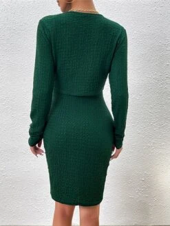 Women's Two Piece Dress Set Casual Dress Sheath Dress Daily Going Out Fashion Streetwear Button Midi Dress Crew Neck Long Sleeve Plain Regular Fit Black Purple Green Fall Winter S M L XL -HAYz Clothing Shop yutnty1693805488186