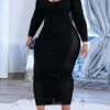 Women's Plus Size Curve Party Dress Bodycon Sheath Dress Plain Long Dress Maxi Dress Long Sleeve Mesh Cut Out Crew Neck Fashion Party Black Fall Winter L XL XXL 3XL 4XL