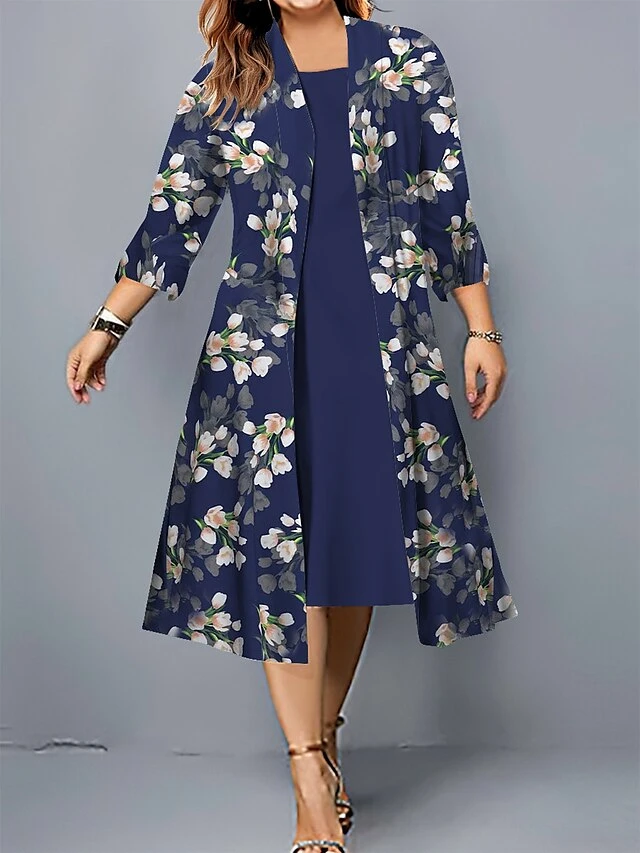 Women's Plus Size Curve Casual Dress Dress Set Two Piece Dress Floral Midi Dress 3/4 Length Sleeve Print Crew Neck Fashion Outdoor Pink Wine Fall Winter L XL XXL 3XL 4XL 6 Women's Plus Size Curve Casual Dress Dress Set Two Piece Dress Floral Midi Dress 3/4 Length Sleeve Print Crew Neck Fashion Outdoor Pink Wine Fall Winter L XL XXL 3XL 4XL - Image 6