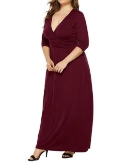 Women's Plus Size Curve Party Dress Swing Dress Formal Dress Plain Long Dress Maxi Dress 3/4 Length Sleeve Ruched Crew Neck Fashion Party Black Wine Fall Winter L XL XXL 3XL -HAYz Clothing Shop yvggpu1694151475557