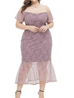 Women's Plus Size Prom Dress Party Dress Lace Dress Midi Dress Pink Short Sleeve Pure Color Lace Spring Fall Winter Off Shoulder Fashion Birthday Evening Party Wedding Guest 2023 XL XXL 3XL 4XL -HAYz Clothing Shop ywiefh1693535467123