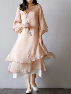 Women's Casual Dress Cotton Linen Dress Swing Dress Midi Dress Cotton Blend Basic Casual Outdoor Daily Vacation Crew Neck Button Layered Long Sleeve Summer Spring Fall 2023 Loose Fit Light Pink White -HAYz Clothing Shop ywpjev1680163684008