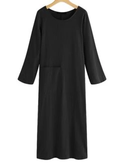 Women's Casual Dress Cotton Linen Dress Midi Dress Cotton Blend Basic Casual Outdoor Daily Vacation Crew Neck Pocket Long Sleeve Summer Spring Fall 2023 Loose Fit Black Wine Navy Blue Plain S M L XL -HAYz Clothing Shop ywzxwp1673848808077
