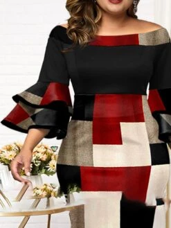 Women‘s Plus Size Curve Party Dress Plaid Off Shoulder Print 3/4 Length Sleeve Spring Fall Elegant Mature Midi Dress Formal Work Dress -HAYz Clothing Shop yxbmre1649309836059