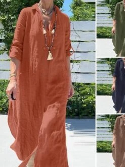 Women's Shirt Dress Cotton Linen Dress Casual Dress Maxi Long Dress Cotton And Linen Basic Casual Outdoor Daily Shirt Collar Split Long Sleeve Summer Spring Fall 2023 Loose Fit Navy Blue Orange Green