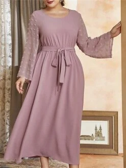 Women's Plus Size Prom Dress Party Dress Wedding Guest Dress Midi Dress Light Purple Long Sleeve Pure Color Lace Up Fall Winter Autumn Crew Neck Fashion Winter Dress Evening Party Wedding Guest 2023