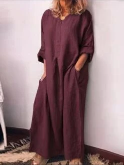 Women's Casual Dress Cotton Linen Dress Shift Dress Maxi Long Dress Bamboo Fashion Modern Outdoor Daily Vacation Crew Neck Pocket Long Sleeve Summer Spring Fall 2023 Regular Fit Black Yellow Wine -HAYz Clothing Shop yxnkfr1682673906791