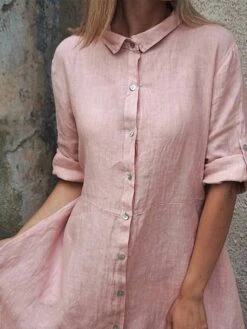 Women's Shirt Dress Casual Dress Cotton Dress Midi Dress Cotton Classic Casual Outdoor Daily Vacation Shirt Collar Ruched Button Long Sleeve Fall Winter Autumn 2023 Regular Fit Pink Red Navy Blue -HAYz Clothing Shop yxssry1693823265459
