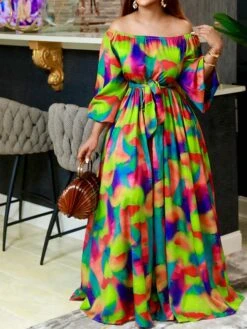 Women‘s Plus Size Curve Casual Dress Swing Dress Graphic Long Dress Maxi Dress Long Sleeve Lace Up Backless Off Shoulder Fashion Holiday Green Summer Spring L XL XXL 3XL