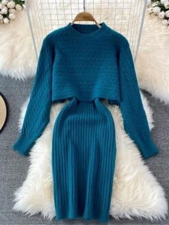 Women's Two Piece Dress Set Casual Dress Sheath Dress Outdoor Daily Fashion Streetwear Ruched Midi Dress Crew Neck Long Sleeve Plain Loose Fit Black White Wine Fall Winter One-Size -HAYz Clothing Shop yxxvrh1694057146436