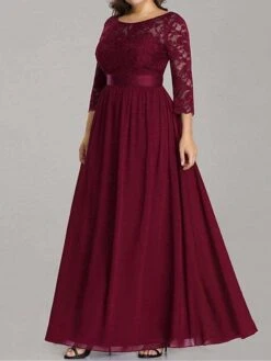 Women's Plus Size Curve Prom Dress Party Dress Lace Dress Long Dress Maxi Dress White Pink Wine 3/4 Length Sleeve Pure Color Lace Spring Fall Winter Crew Neck Fashion Birthday Evening Party -HAYz Clothing Shop yyirmc1692156787837