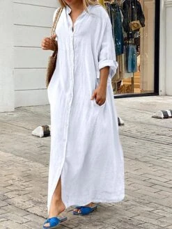 Women's Casual Dress Cotton Linen Dress Black Dress Maxi Long Dress Linen / Cotton Blend Fashion Daily Outdoor Daily Vacation Stand Collar Button Pocket Long Sleeve Fall Autumn 2023 Loose Fit Black -HAYz Clothing Shop yypcxv1692947487329