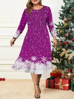 Women's Christmas Plus Size Curve Casual Dress Skater Dress A Line Dress Christmas Tree Snowflake Midi Dress Long Sleeve Print Crew Neck Fashion Outdoor Black Wine Fall Winter L XL XXL 3XL 4XL -HAYz Clothing Shop yyvotl1695350911834