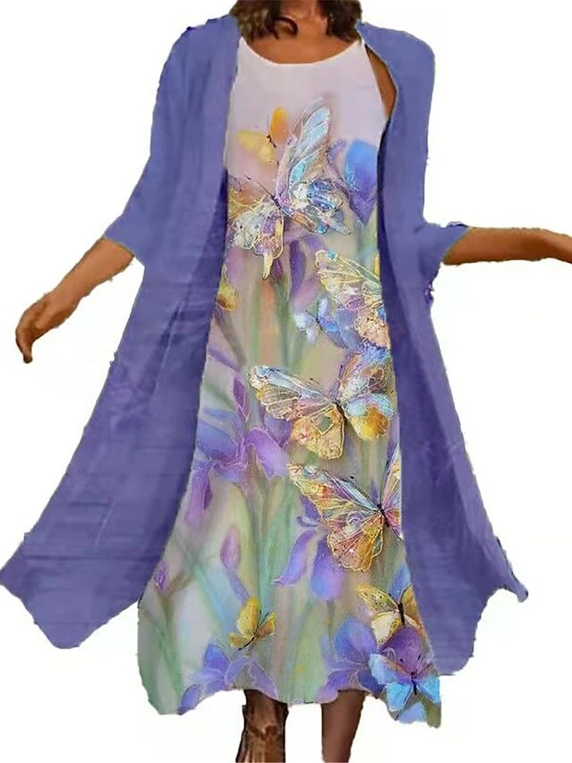 Women's Two Piece Dress Set Casual Dress Shift Dress Daily Going Out Casual Print Midi Dress Crew Neck 3/4 Length Sleeve Floral Butterfly Regular Fit Light Green Light Purple Purple Summer Spring M L 2 Women's Two Piece Dress Set Casual Dress Shift Dress Daily Going Out Casual Print Midi Dress Crew Neck 3/4 Length Sleeve Floral Butterfly Regular Fit Light Green Light Purple Purple Summer Spring M L - Image 2