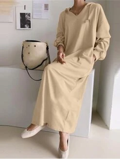 Women's Plus Size Curve Casual Dress Hoodie Dress Solid Color Long Dress Maxi Dress Long Sleeve Pocket Hooded Fashion Outdoor Black Khaki Fall Winter L XL XXL 3XL 4XL -HAYz Clothing Shop yywetz1693970746844