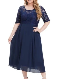 Women's Plus Size Party Dress Lace Dress Cocktail Dress Midi Dress Dark Blue Half Sleeve Pure Color Lace Fall Winter Autumn Crew Neck Fashion Winter Dress Wedding Guest Vacation 2023 XL XXL 3XL 4XL -HAYz Clothing Shop yywfck1693296919390