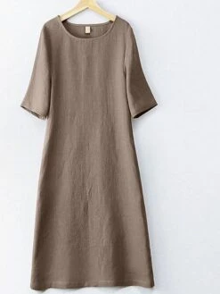 Women's Casual Dress Cotton Linen Dress Loose Dress Midi Dress Linen Daily Casual Daily Outdoor Daily Vacation Crew Neck Basic Half Sleeve Spring Fall Winter 2023 Loose Fit Blue Brown Khaki Plain L -HAYz Clothing Shop yyybuj1692695501368