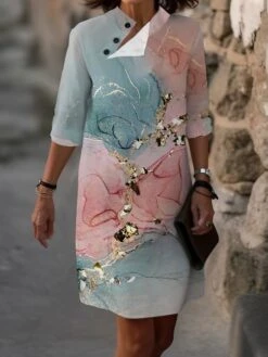 Women's Casual Dress Cotton Linen Dress Midi Dress Polyester Fashion Casual Daily Outdoor Daily Vacation Stand Collar Button Print Half Sleeve Summer Spring Fall 2023 Loose Fit Black Pink Blue