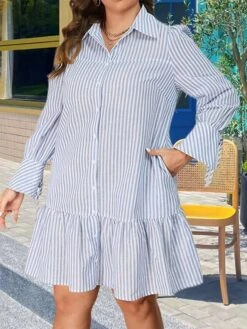 Women's Plus Size Curve Shirt Dress Casual Dress Stripe Midi Dress Long Sleeve Ruffle Button Shirt Collar Fashion Outdoor Light Blue Fall Winter XL XXL 3XL 4XL -HAYz Clothing Shop yzksvs1693533687839