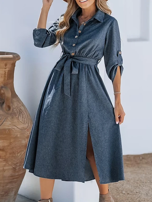 Women's Shirt Dress Casual Dress Midi Dress Outdoor Daily Date Polyester Basic Classic Shirt Collar Lace Up Button Long Sleeve Spring Fall Winter 2023 Loose Fit Navy Blue Pure Color S M L XL 5 Women's Shirt Dress Casual Dress Midi Dress Outdoor Daily Date Polyester Basic Classic Shirt Collar Lace Up Button Long Sleeve Spring Fall Winter 2023 Loose Fit Navy Blue Pure Color S M L XL - Image 5