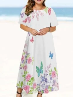Women‘s Plus Size Curve Casual Dress Floral Long Dress Maxi Dress Short Sleeve Print Crew Neck Fashion Outdoor White Red Summer Spring L XL XXL 3XL 4XL