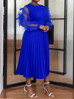 Women's Plus Size Curve Party Dress Formal Dress A Line Dress Plain Midi Dress Long Sleeve Pleated Ruffle Crew Neck Fashion Party Blue Fall Winter XL XXL 3XL 4XL -HAYz Clothing Shop zamjbb1694425978448