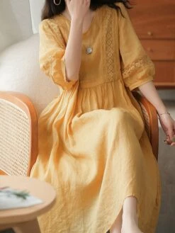 Women's Casual Dress Cotton Linen Dress Swing Dress Midi Dress Cotton Blend Basic Casual Outdoor Daily V Neck Ruched 3/4 Length Sleeve Summer Spring 2023 Loose Fit Black White Yellow Pure Color M L -HAYz Clothing Shop zaoxiz1677135416949
