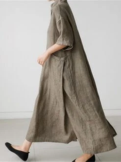 Women's Casual Dress Cotton Linen Dress Swing Dress Maxi Long Dress Cotton Blend Basic Casual Outdoor Daily V Neck Pocket 3/4 Length Sleeve Summer Spring Fall 2023 Loose Fit Blue Green Apricot Plain -HAYz Clothing Shop zasjyi1679554397365