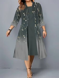 Women's Plus Size Curve Casual Dress Dress Set Two Piece Dress Floral Midi Dress 3/4 Length Sleeve Print Crew Neck Fashion Outdoor Navy Blue Fuchsia Fall Winter L XL XXL 3XL 4XL -HAYz Clothing Shop zbjmuf1695103065939