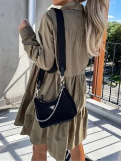 Women's Shirt Dress Casual Dress Swing Dress Midi Dress Outdoor Daily Vacation Cotton Basic Modern Shirt Collar Ruffle Button Long Sleeve Fall Winter 2023 Regular Fit ArmyGreen Black White Pure Color -HAYz Clothing Shop zcairr1695813928983