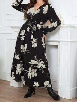 Women's Plus Size Curve Party Dress Wedding Guest Dress Black Dress Long Dress Maxi Dress Black Long Sleeve Flower With Belt Spring Fall Winter V Neck Fashion Winter Dress Evening Party Wedding Guest -HAYz Clothing Shop zcdsmg1692947596143