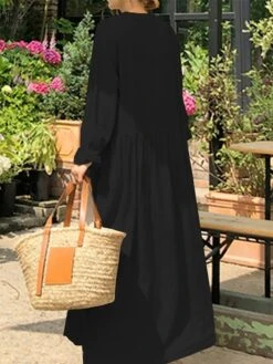 Women's Casual Dress Cotton Linen Dress Swing Dress Maxi Long Dress Linen Basic Classic Outdoor Daily Vacation V Neck Ruched Button Long Sleeve Summer Spring Fall 2023 Loose Fit Black Wine Apricot -HAYz Clothing Shop zckqjb1690268466022